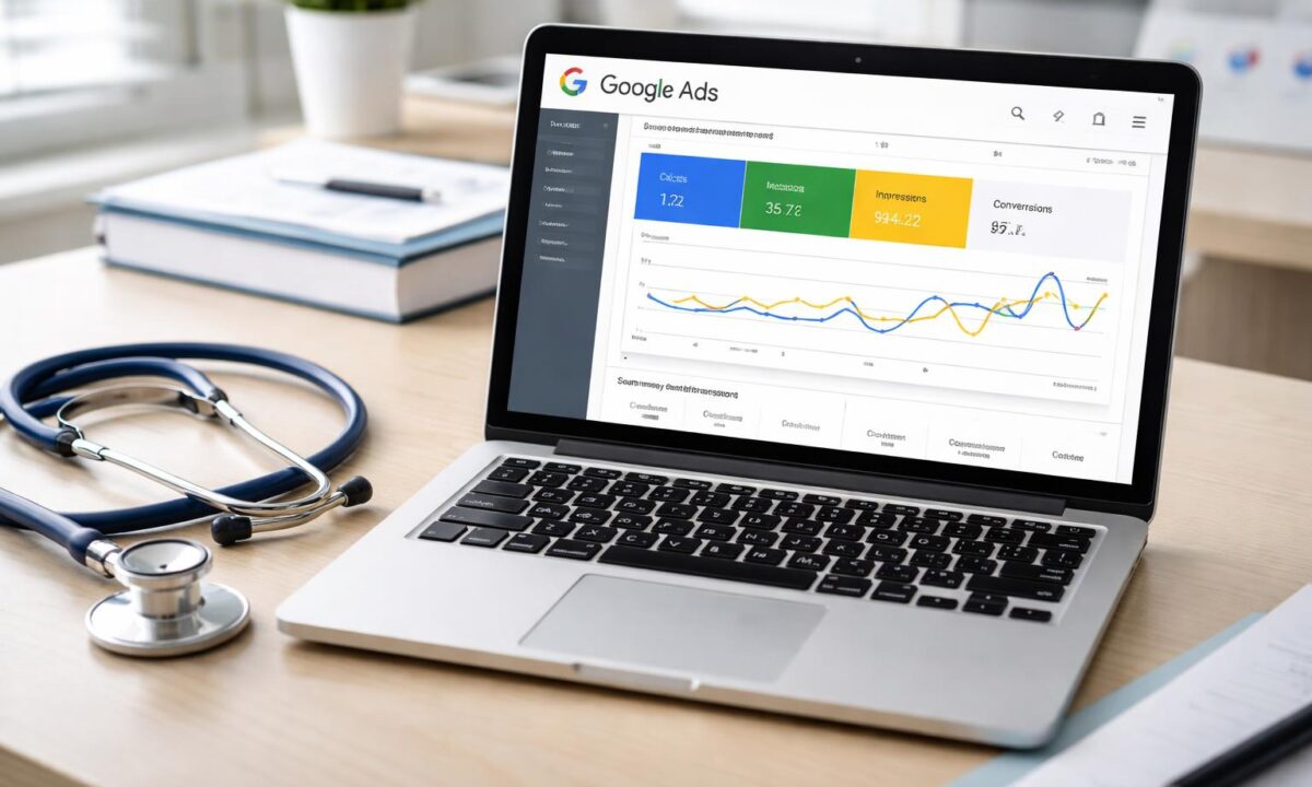 Laptop z otwartą stroną Google Ads obok stetoskopu na biurku