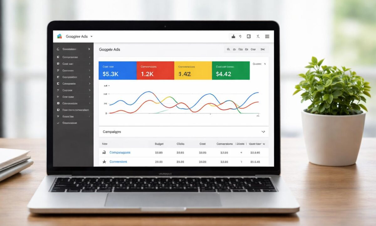 Na ekranie laptopa widoczny panel Google Ads, obok stoi mała doniczka. panel google ads wyglada bardzo realistycznie